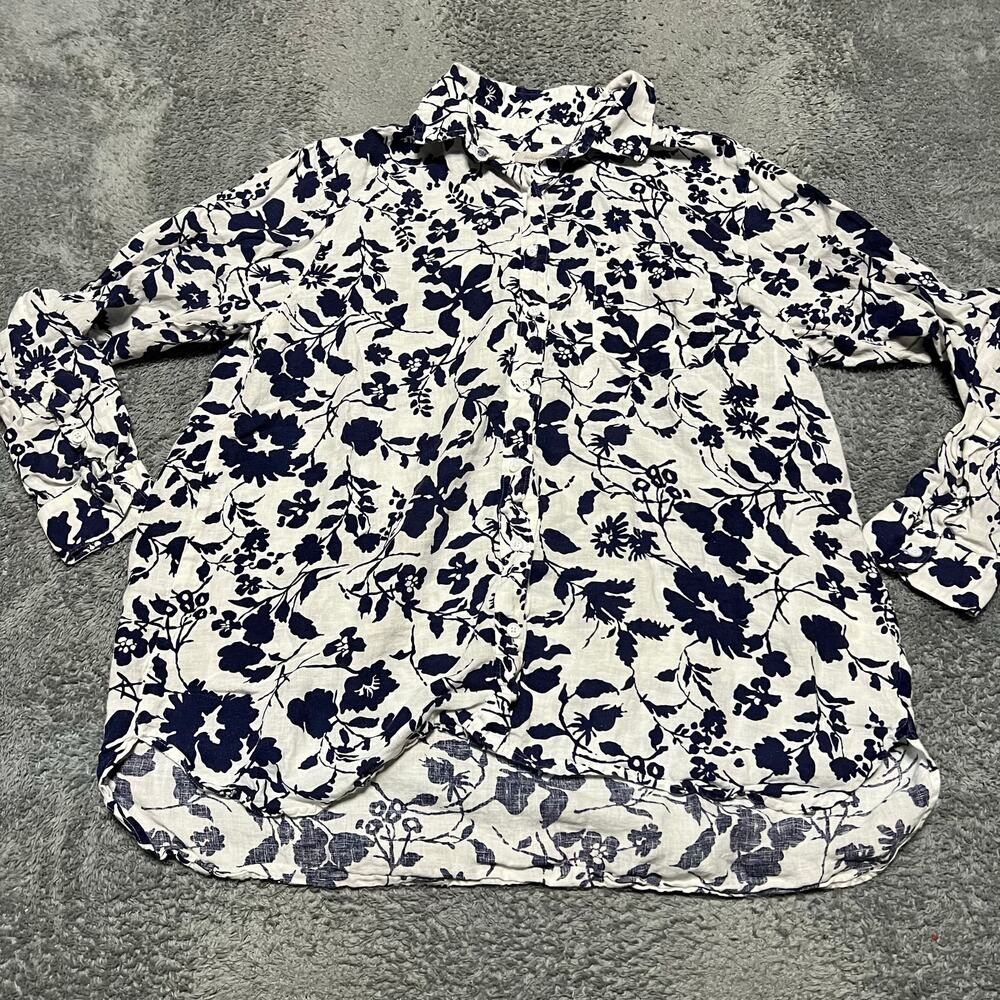 Outerknown Shirt Womens Large Floral Linen Long Sleeve Button White Blue